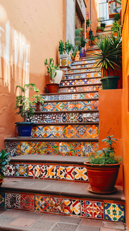 Colorful ceramic stairs in the street of Chefchaouen, Moroccoの素材