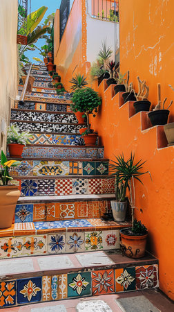 Colorful ceramic stairs in the old town of Cartagena, Colombiaの素材