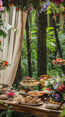 Catering wedding buffet in the forest. Wedding candy bar.の素材