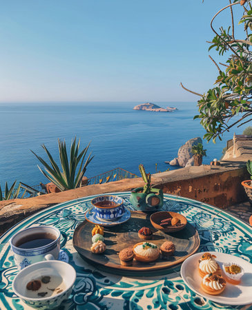 Breakfast on the terrace overlooking the sea and the mountains.の素材