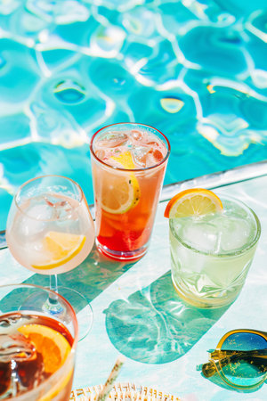 Three glasses of cocktails with lemon and lime on the background of the swimming poolの素材