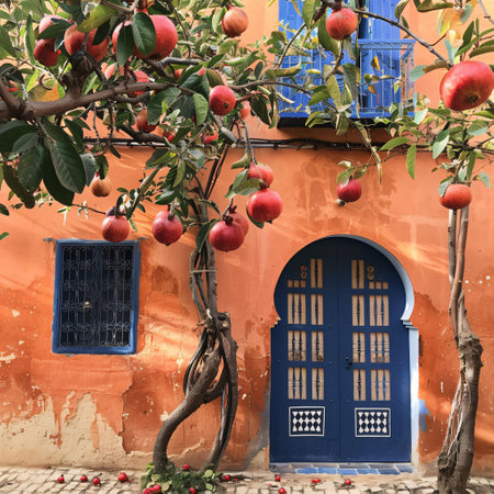 Traditional moroccan blue door with red apples on the orange wallの素材