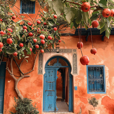 Colorful facade of an old house in Essaouira, Moroccoの素材