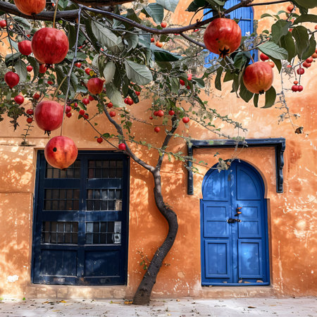 Traditional moroccan house with red apples and blue doors, Moroccoの素材