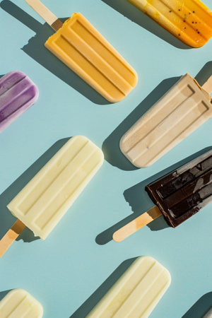 top view of ice cream on sticks on blue background, flat layの素材