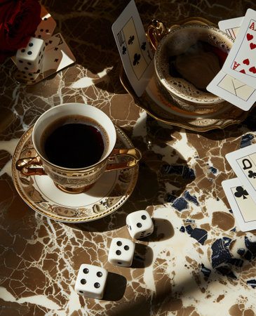Cup of coffee with dices and playing cardsle tableの素材