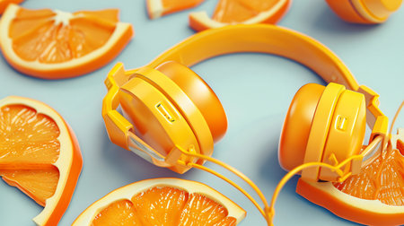 Orange fruit and headphones on a blue background. 3d rendering.の素材
