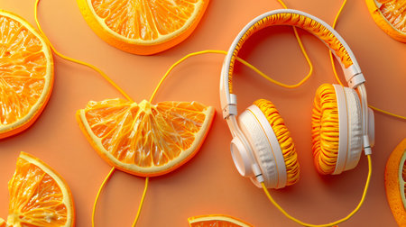 Orange slices with headphones on color background, top view. Music conceptの素材