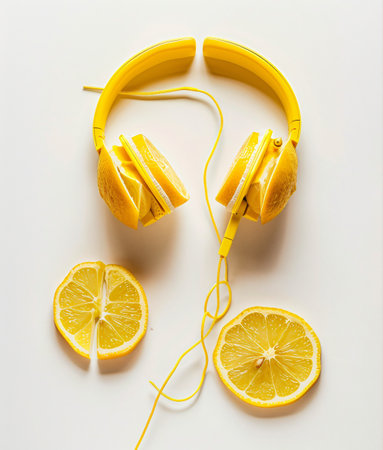 Lemon and yellow headphones on a white background. Flat lay.の素材