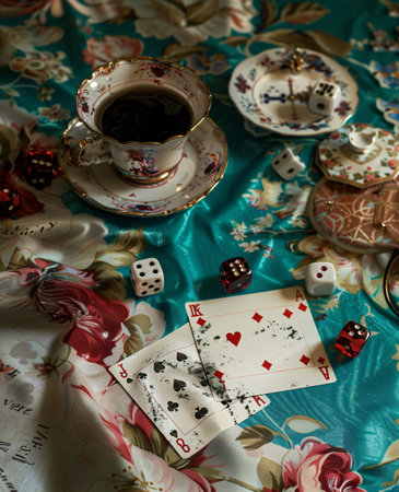Cup of coffee and playing cards on the table. Vintage styleの素材
