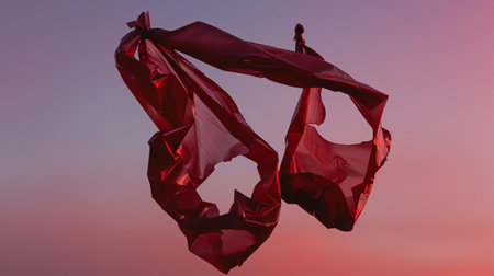 Red fabric in the wind against the background of the setting sun.の素材