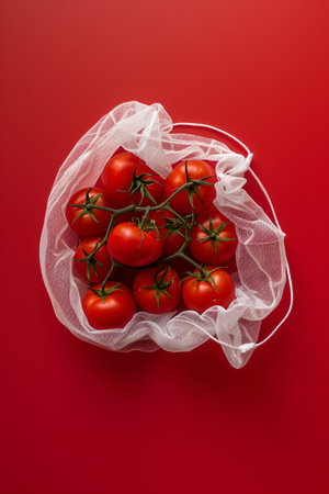 Cherry tomatoes in a mesh bag on a red background, top viewの素材