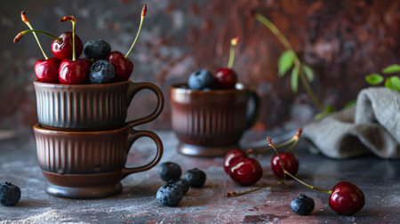 Cup of fresh cherries and blueberries on a dark backgroundの素材