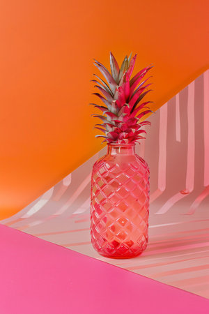 Pineapple in a glass vase on a pink and orange backgroundの素材