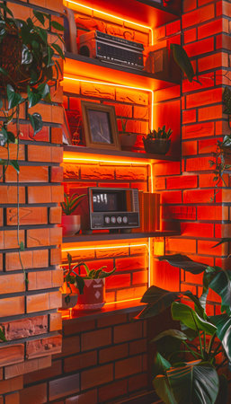 Interior of a modern living room with a brick wall, a fireplace and a plantの素材