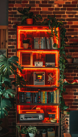 Interior of modern living room with bookshelf, books and plantsの素材