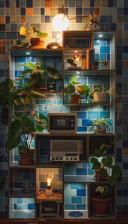 Terracotta wall with plants in pots and vintage TV.の素材