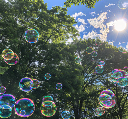 Soap bubbles in the park against the blue sky and sun.の素材