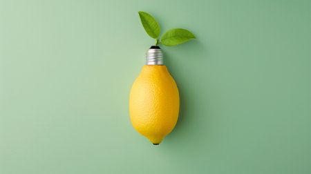 Creative idea concept photo of lightbulb with lemon on green background.の素材