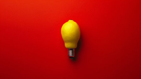 Yellow lightbulb on red background. Minimal idea concept.の素材