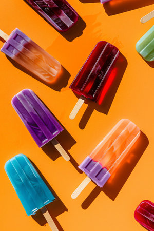 Colorful popsicles on orange background. Top view, flat layの素材