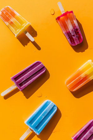 Colorful popsicles on orange background. Flat lay, top viewの素材