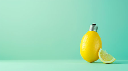 Lemon in a light bulb on a green background with copy spaceの素材