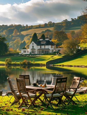 Chairs and table on the lake in the English countryside, UKの素材