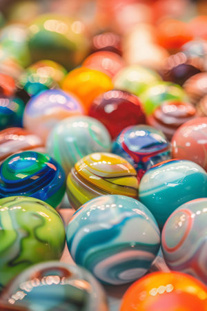 Colorful marbles of various shapes and sizes for sale at a marketの素材