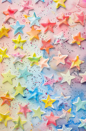 Rainbow stars on white wooden background. Festive background with copy space.の素材