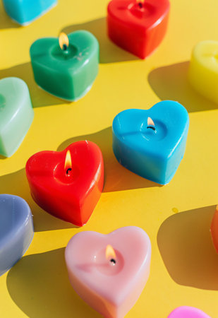 Colorful candles in the shape of a heart on a yellow backgroundの素材