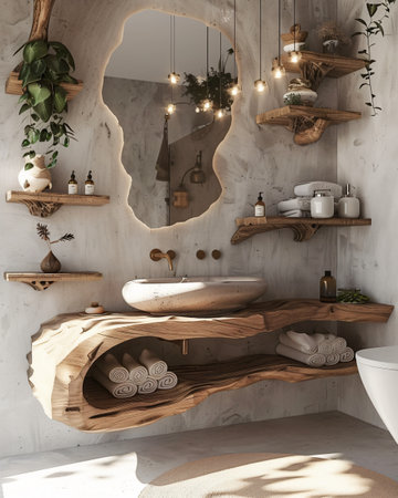 Interior of modern bathroom with white walls, concrete floor, comfortable bathtub standing on wooden shelf. 3d renderingの素材