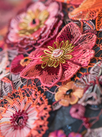 Close up of handmade embroidery on fabric. Selective focus.の素材