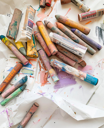 Colorful crayons on crumpled paper as a backgroundの素材