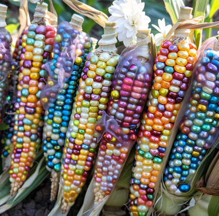 Colorful ear of corn on display in the market, Thailand.の素材