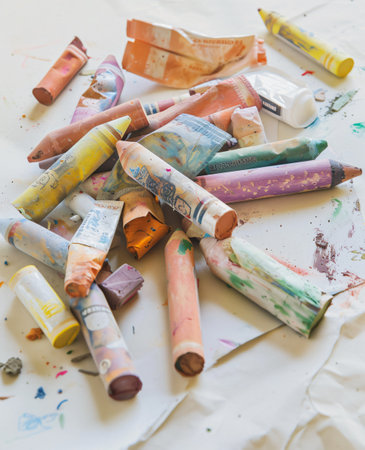 Paint tubes and crayons on a white background, top viewの素材