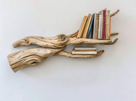 Wooden book shelf with books on white wall background. Top view.の素材