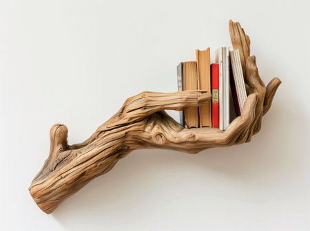 Wooden hand with books on a white background. 3d renderingの素材