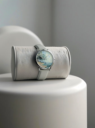 Wristwatch with blue dial on a white stand in a roomの素材