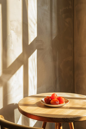 Tomatoes in a plate on a wooden table in the sunlight.の素材