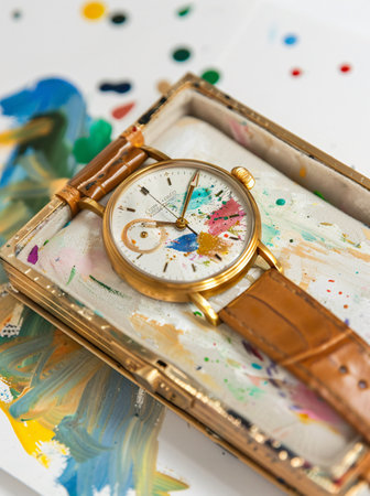 Vintage watch on the table with a palette of paints and brushesの素材