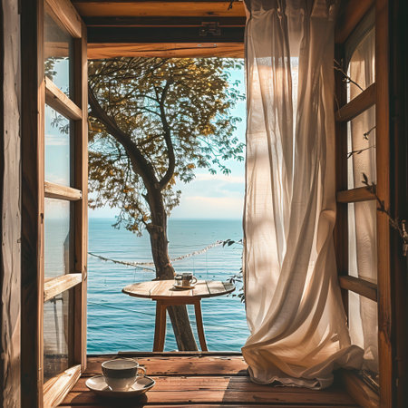 Beautiful view of the sea from the window of a wooden houseの素材