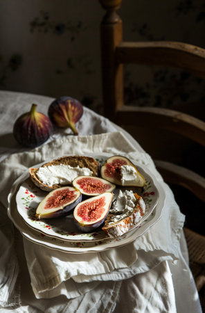 Fresh figs with ricotta on a rustic wooden table.の素材