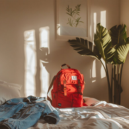 Red backpack on the bed in the morning sunlight. Travel concept.の素材