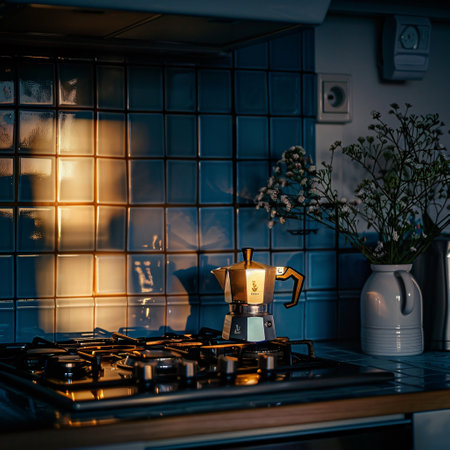 Coffee pot on a gas stove in the kitchen at nightの素材