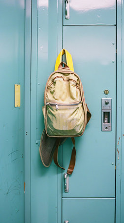 Close up of a school backpack hanging on a blue locker in a school.の素材