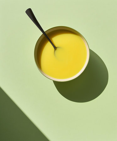 Yellow soup in a bowl with spoon on a green background, top viewの素材