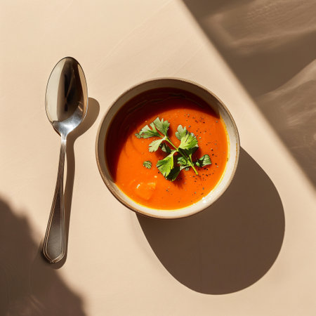 Tomato soup with parsley in a bowl on a beige backgroundの素材