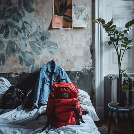 Red backpack and jeans on the bed in the bedroom. Travel conceptの素材
