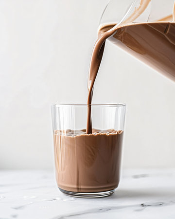 pouring chocolate milk into glass on white marble table, closeupの素材